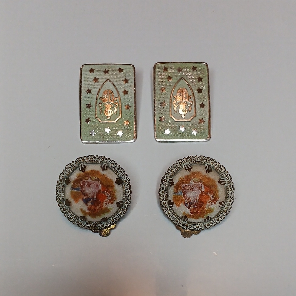 Vintage Signed W. Germany Round Filigree And Rectangular Clip-On Earring Sets